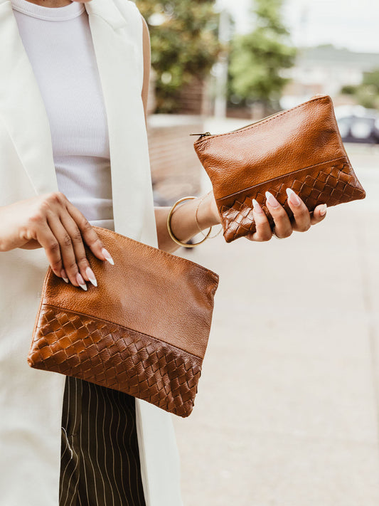 Woven Leather Pouchette in Cognac
