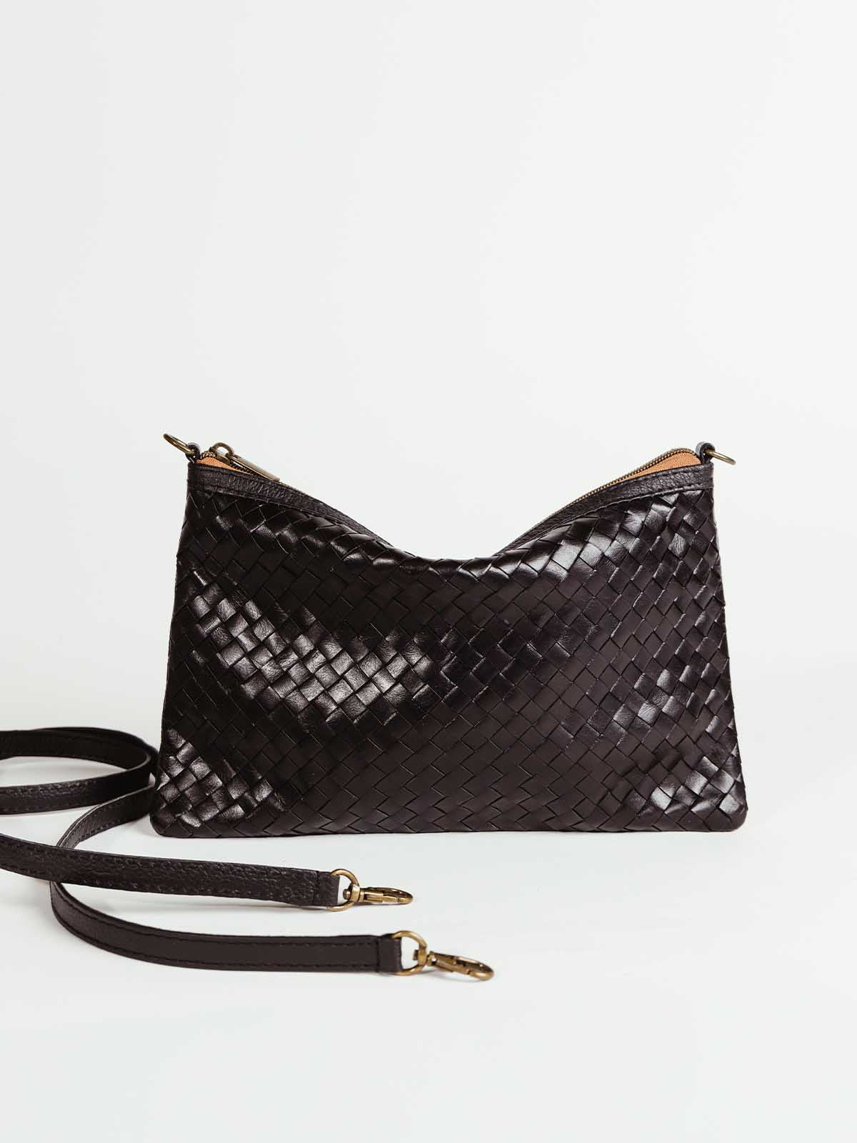 Luxe Woven Black Leather Crossbody Clutch