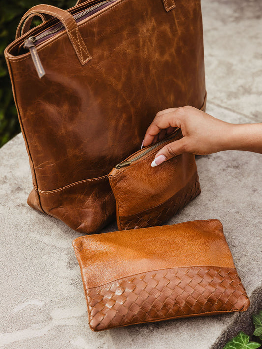 Woven Leather Pouchette in Cognac