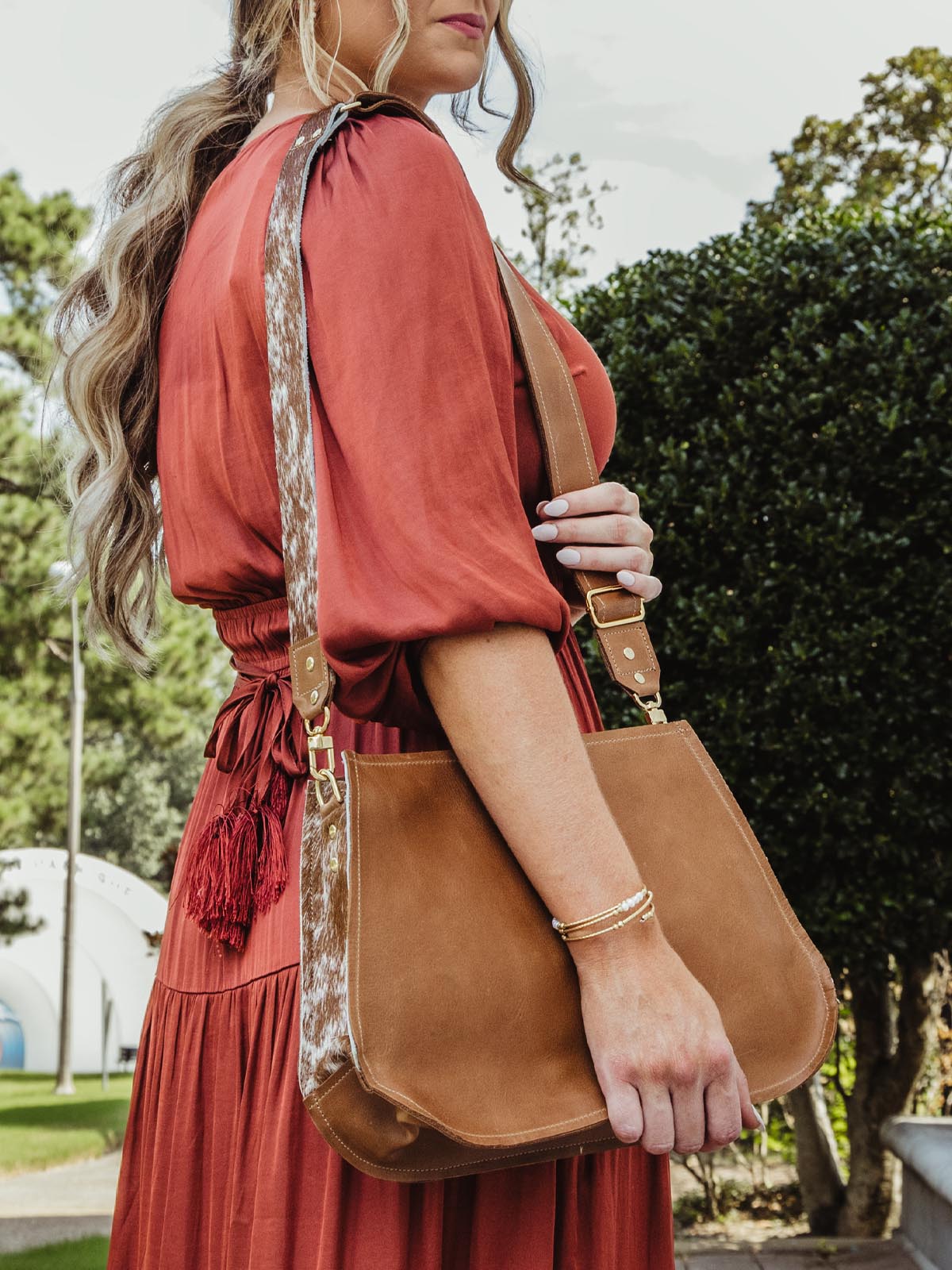 Brown Leather Messenger Bag with Cowhide