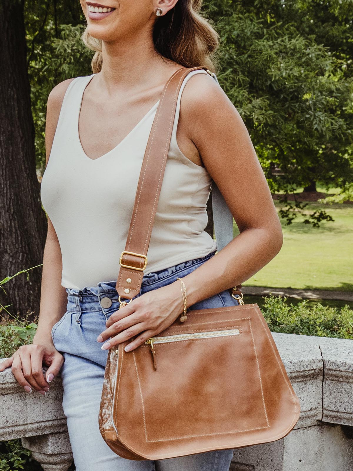 Brown Leather Messenger Bag with Cowhide