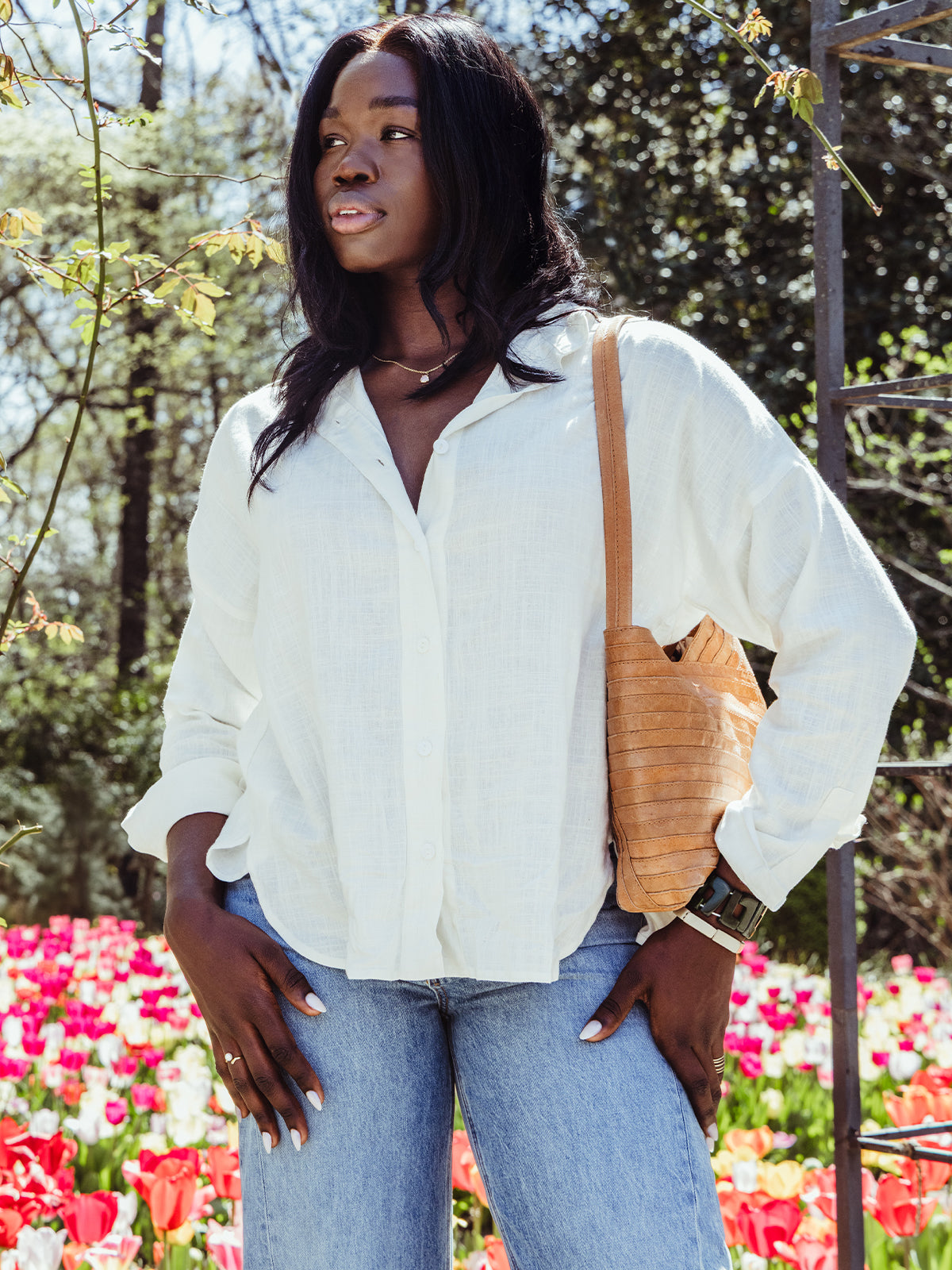 Women's White Linen Button Up Shirt with Slit Back