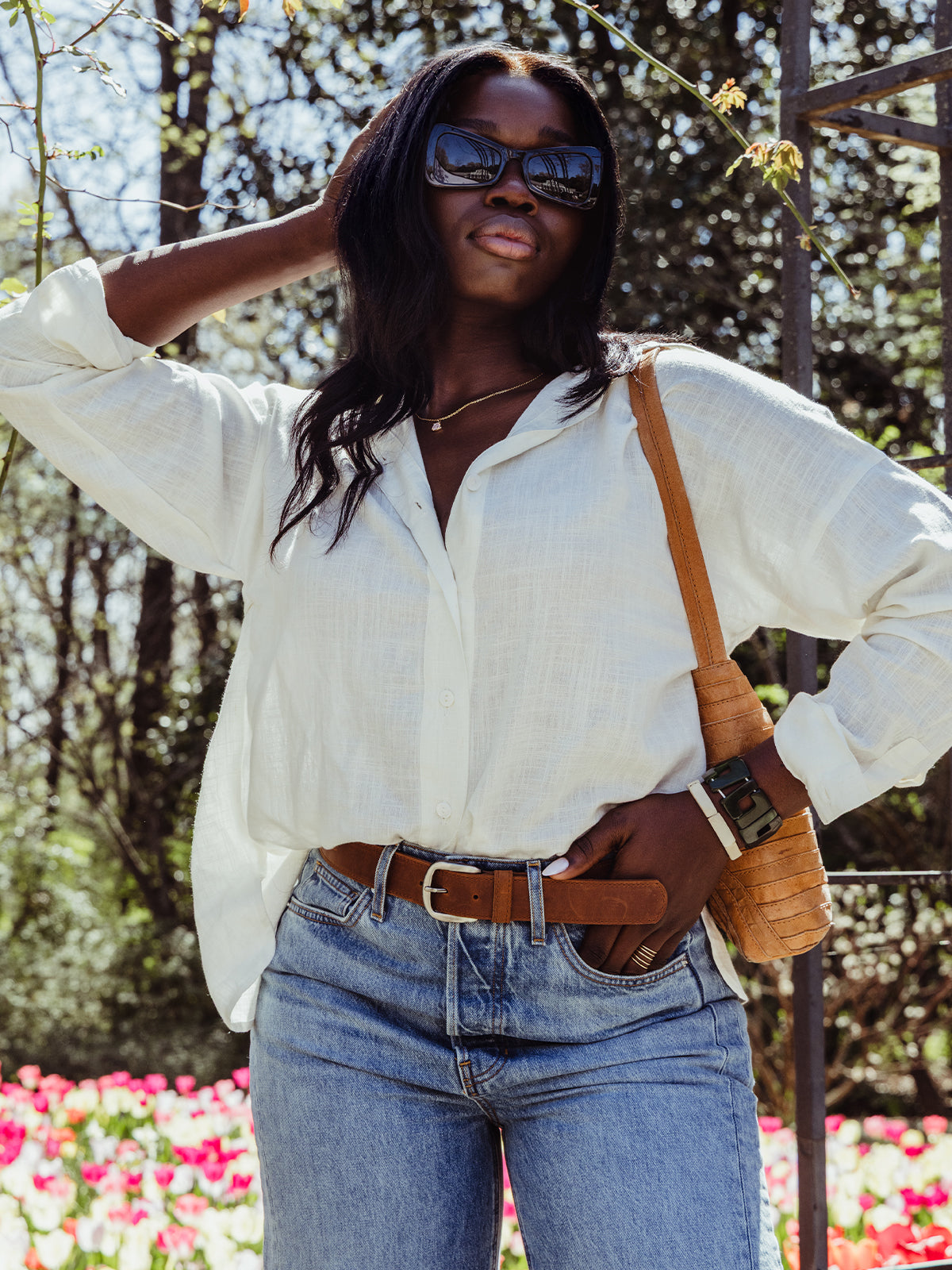 Women's White Linen Button Up Shirt with Slit Back