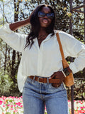 Women's White Linen Button Up Shirt with Slit Back