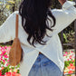 Women's White Linen Button Up Shirt with Slit Back