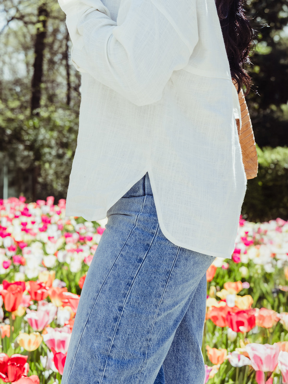 Women's White Linen Button Up Shirt with Slit Back