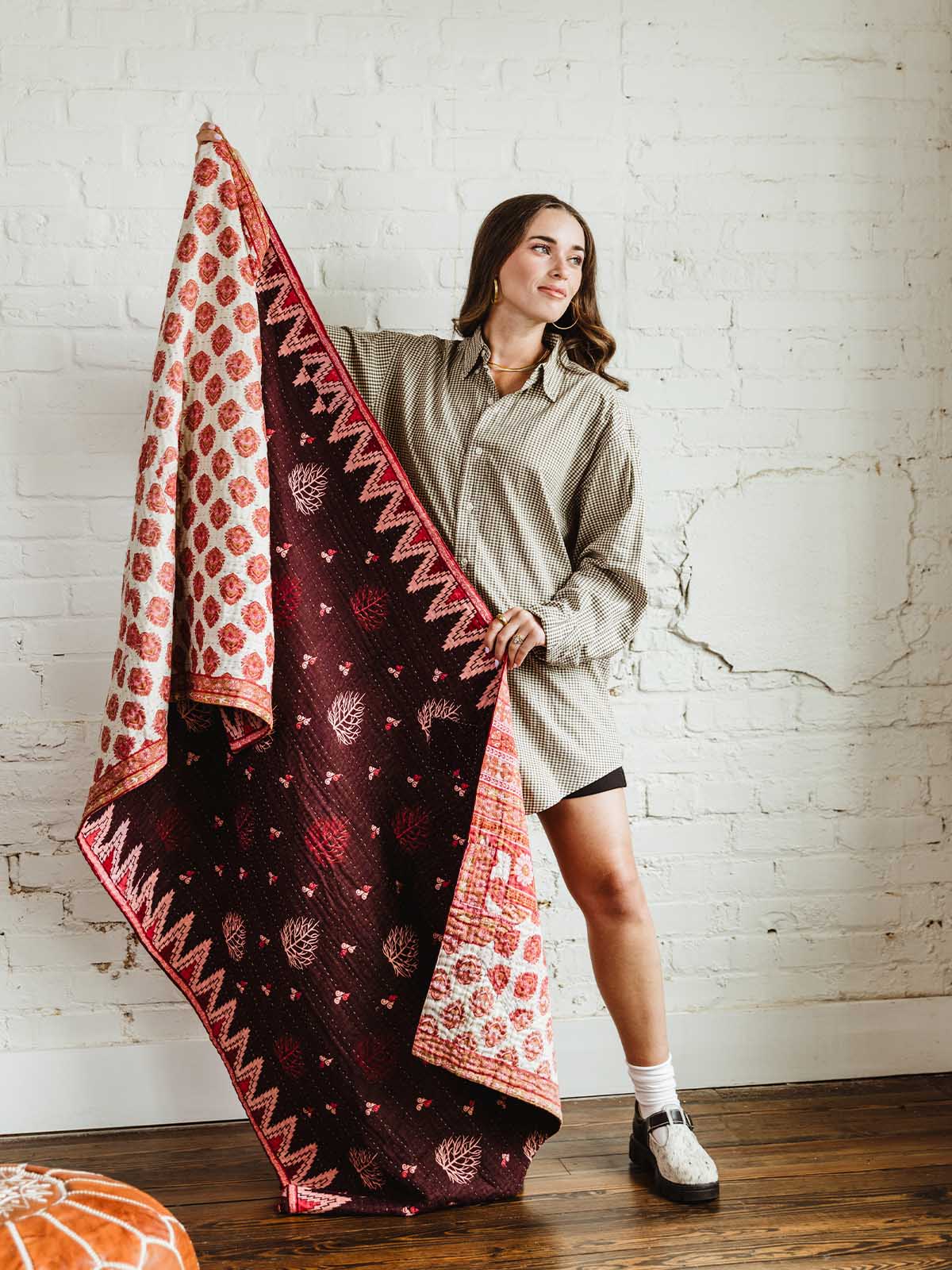 Upcycled Sari Cotton Kantha Throw Blanket