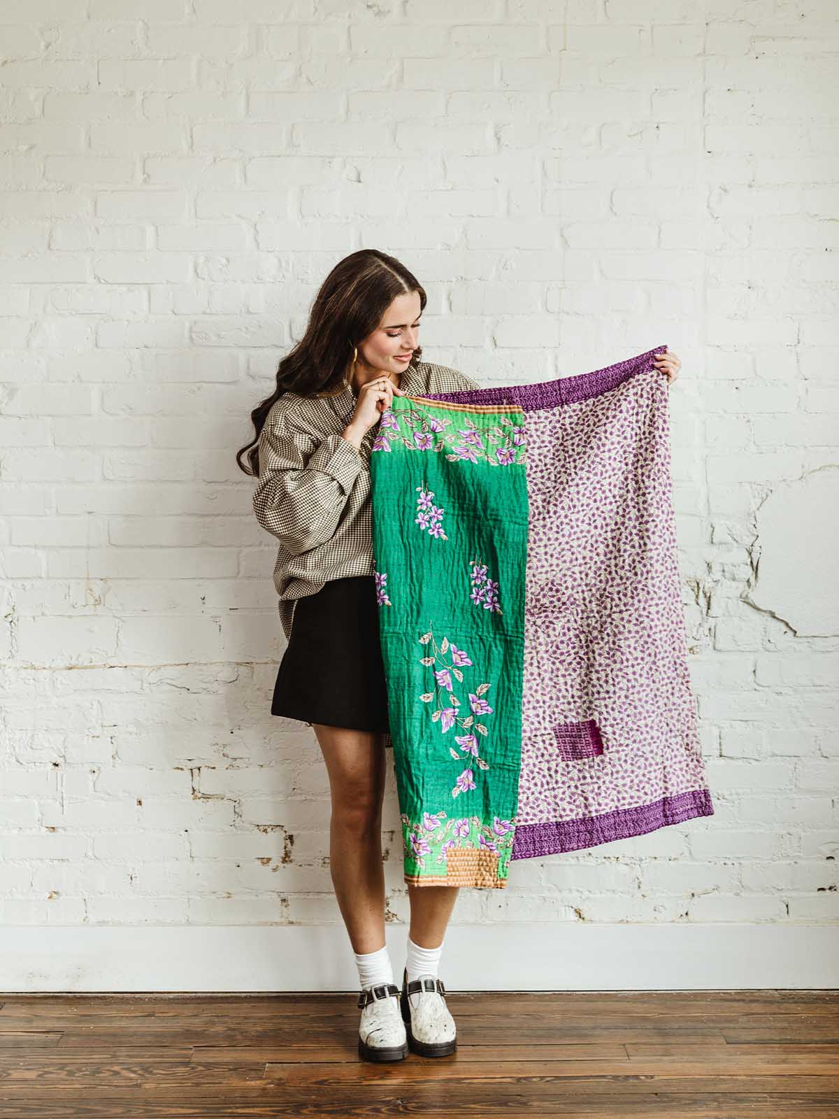 Upcycled Sari Mini Cotton Kantha Blanket