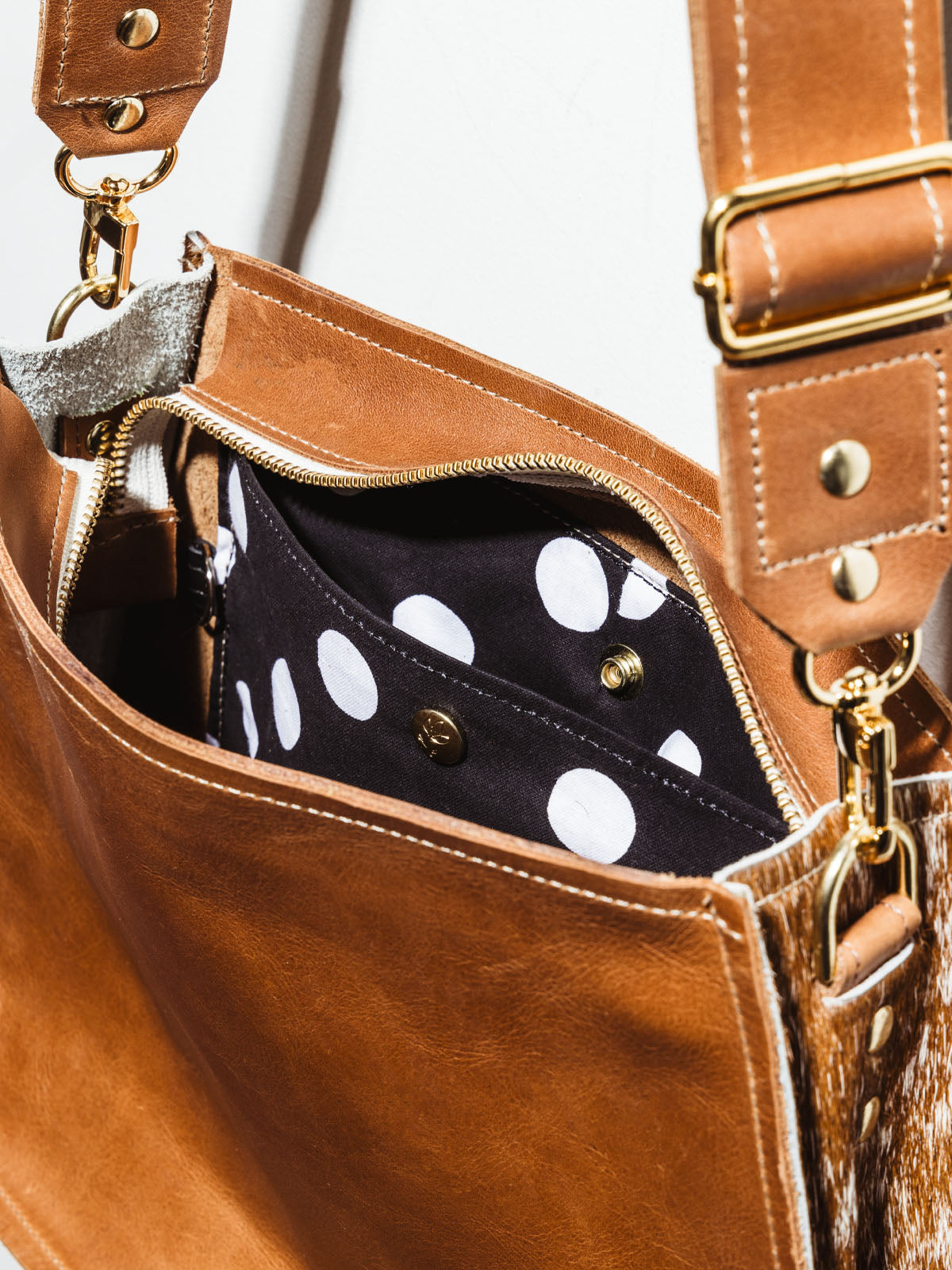 Brown Leather Messenger Bag with Cowhide