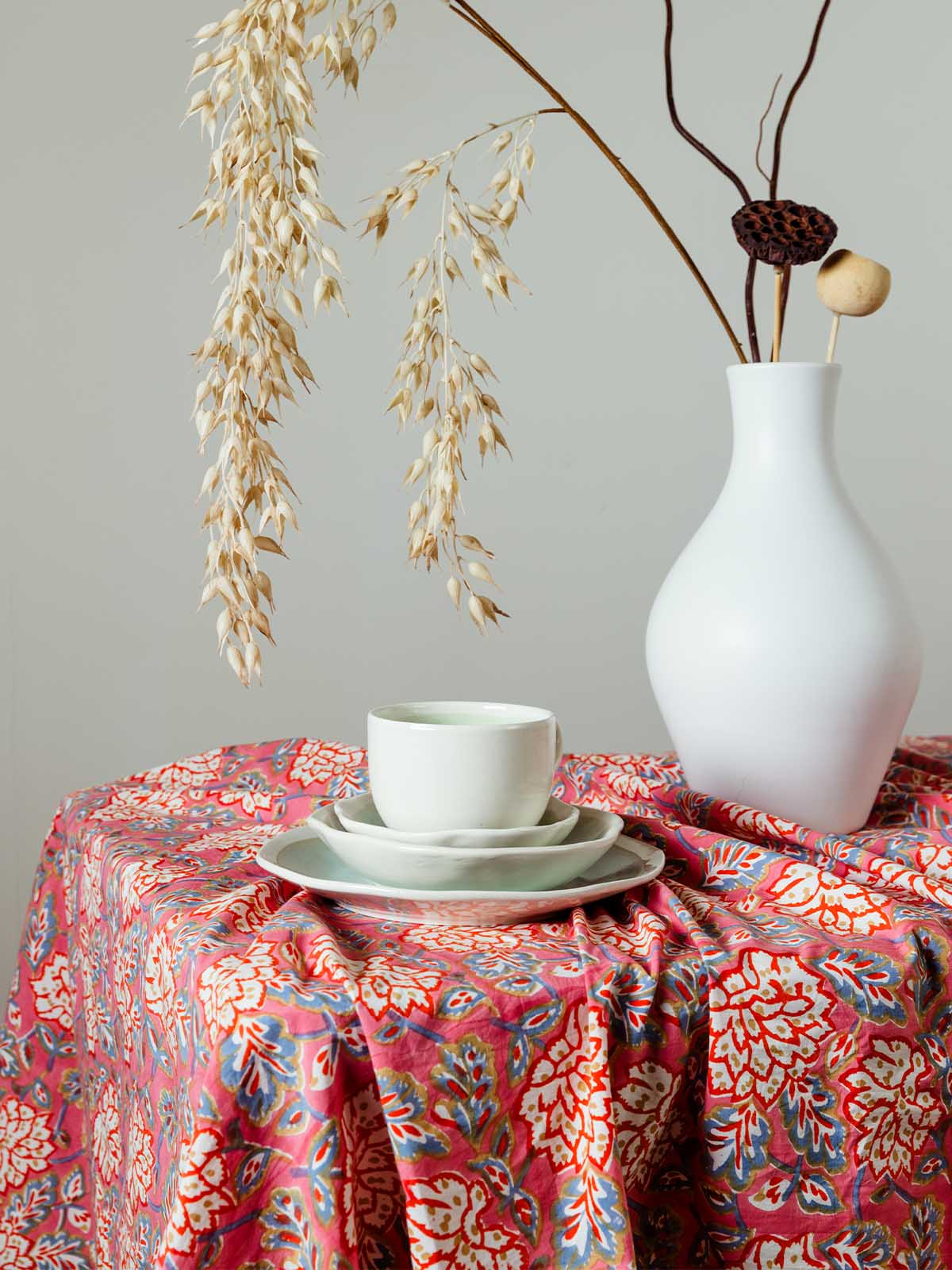 Pink Floral Block-Printed Cotton Tablecloth