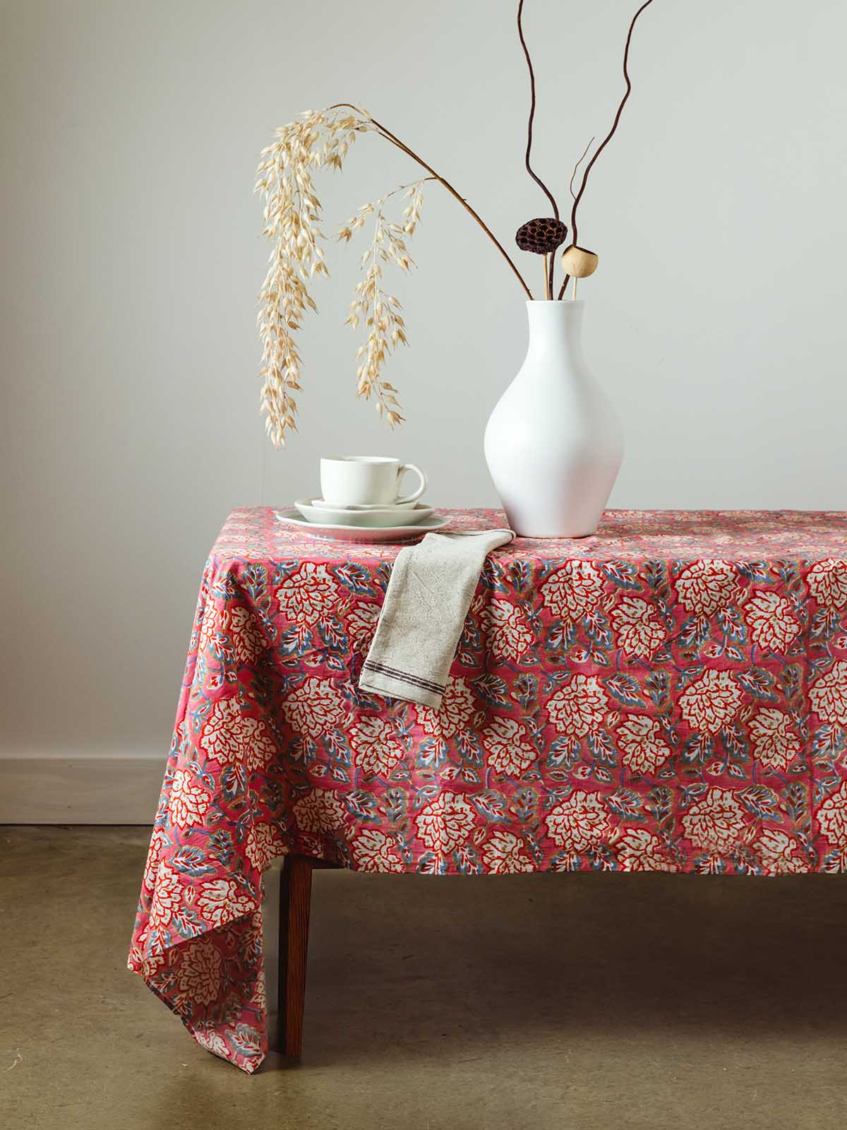 Pink Floral Block-Printed Cotton Tablecloth