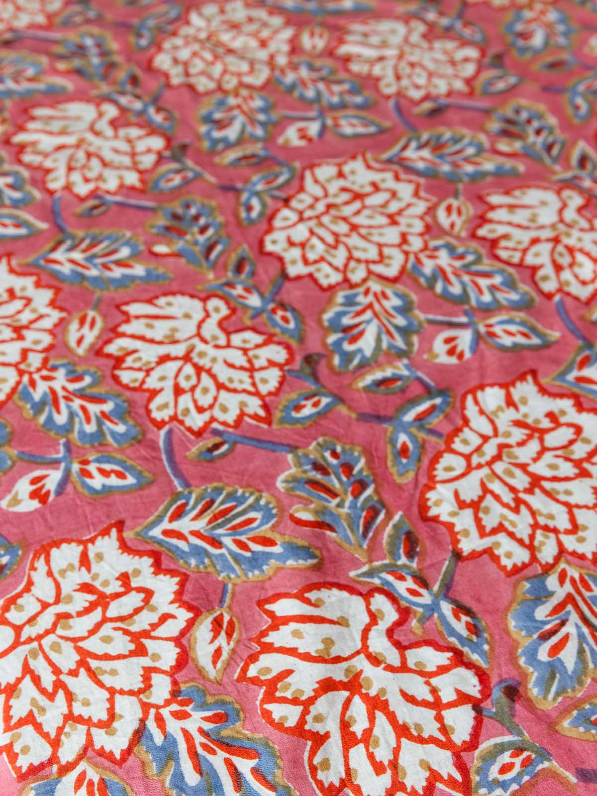 Pink Floral Block-Printed Cotton Tablecloth