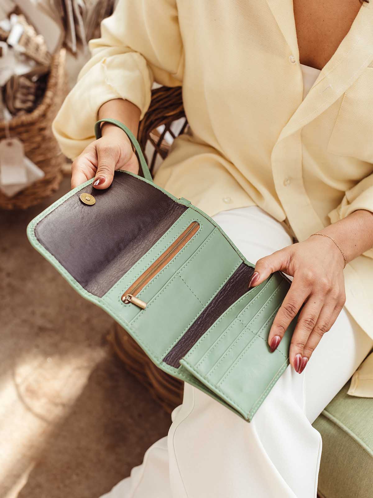 Large Woven Leather Wristlet Wallet- Sage Green