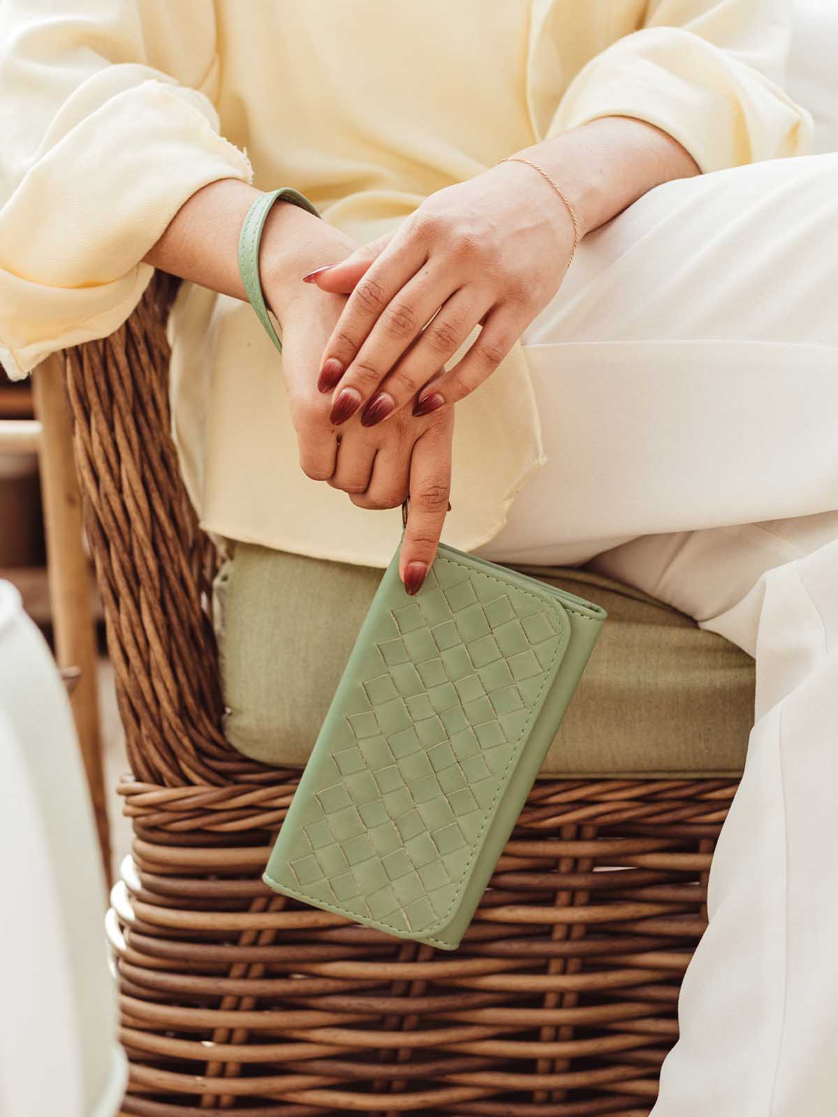 Large Woven Leather Wristlet Wallet- Sage Green
