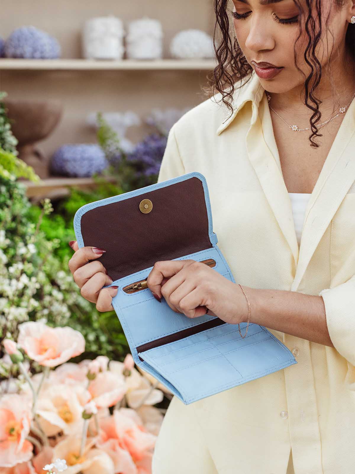 Large Woven Leather Wristlet Wallet- Sky Blue