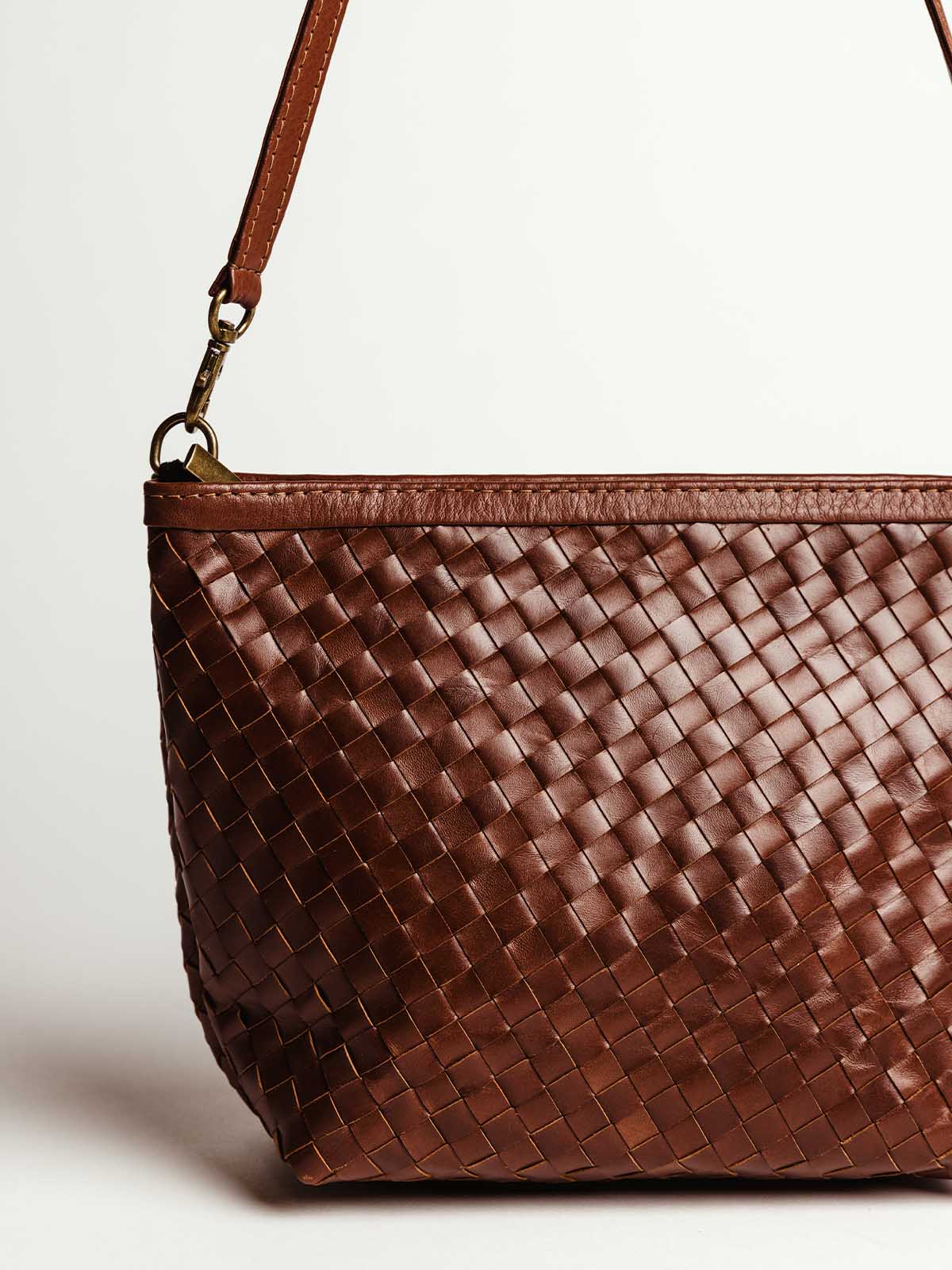 Luxe Woven Leather Shoulder Bag in Mahogany