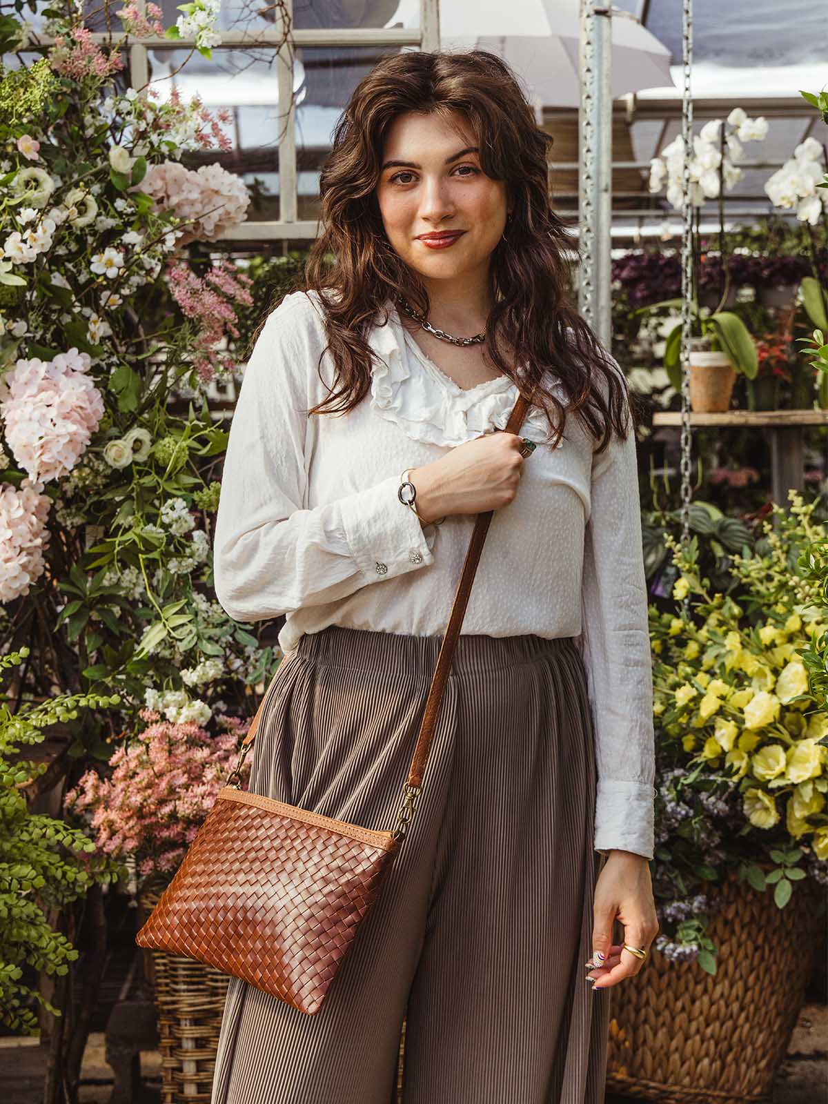 Luxe Woven Brown Leather Crossbody Clutch