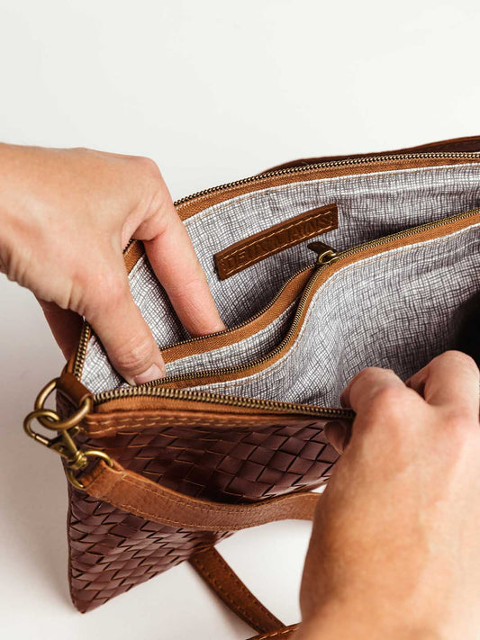 Luxe Woven Brown Leather Crossbody Clutch
