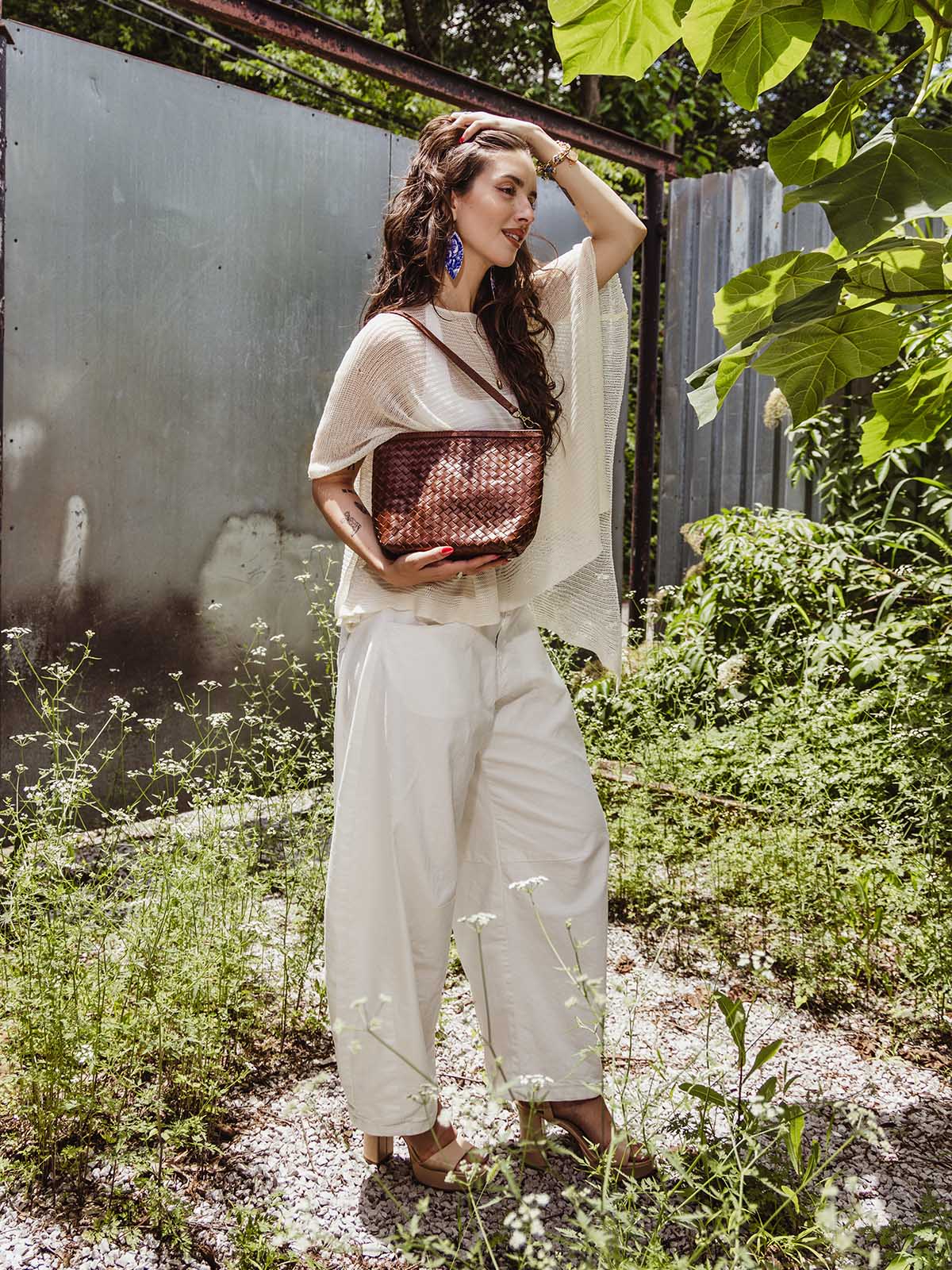 Luxe Woven Leather Shoulder Bag in Mahogany