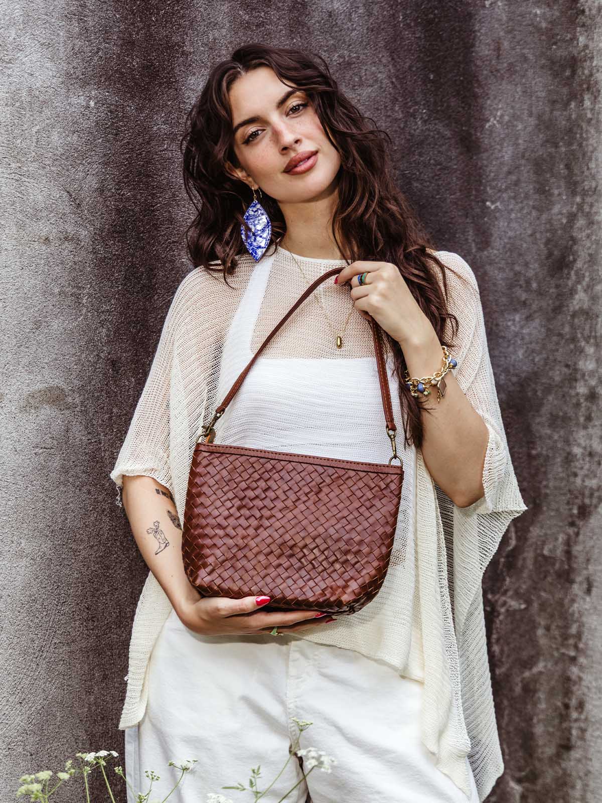 Luxe Woven Leather Shoulder Bag in Mahogany