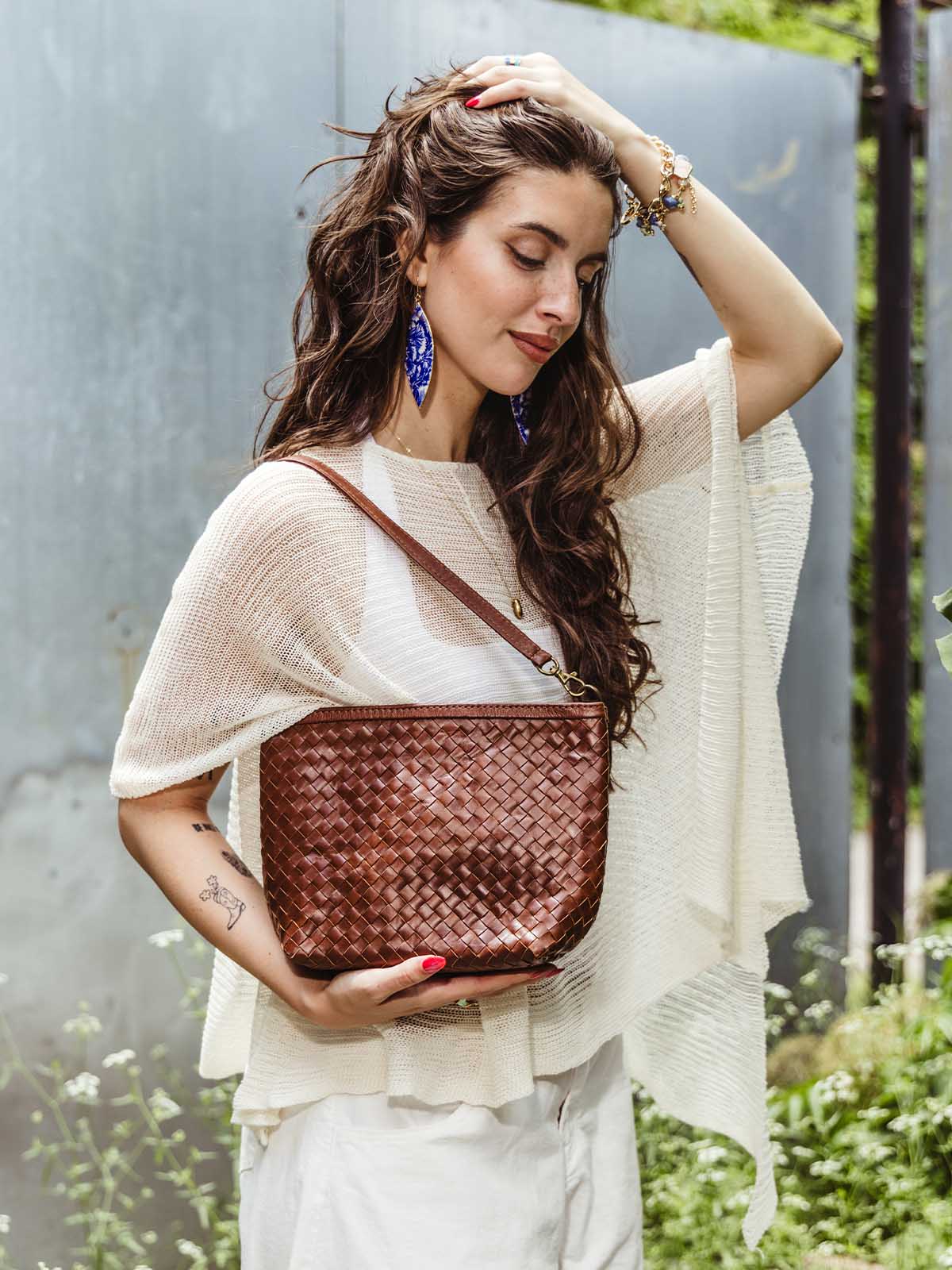 Luxe Woven Leather Shoulder Bag in Mahogany