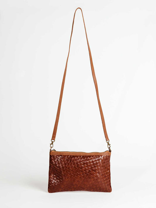 Luxe Woven Brown Leather Crossbody Clutch