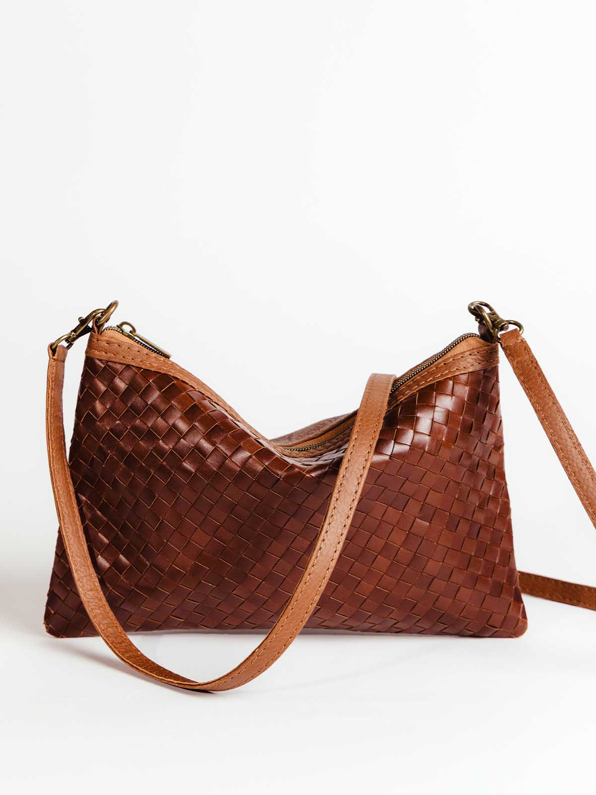 Luxe Woven Brown Leather Crossbody Clutch