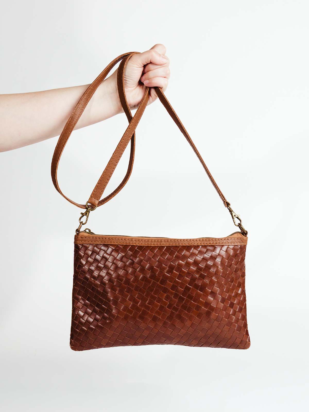 Luxe Woven Brown Leather Crossbody Clutch