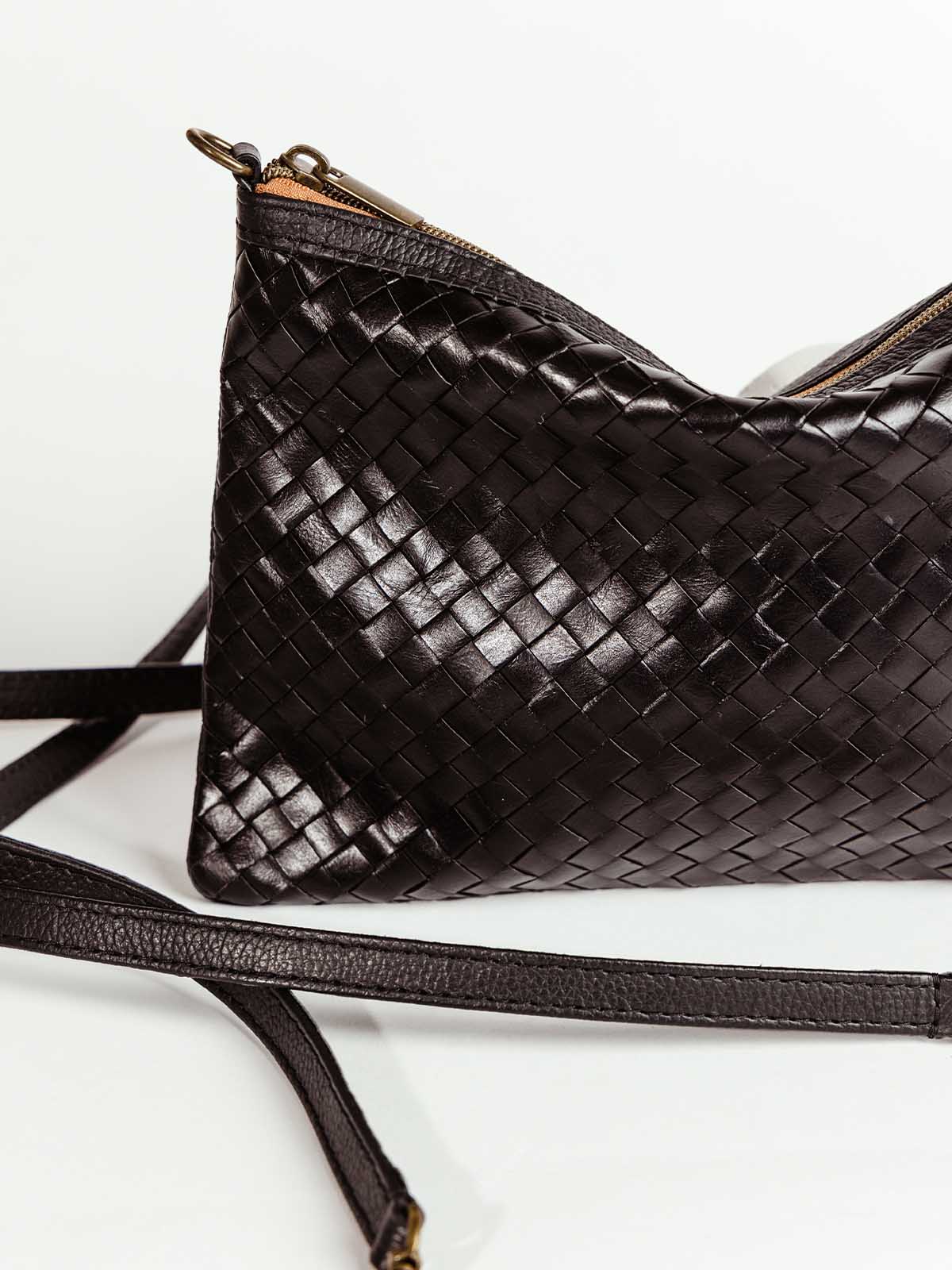 Luxe Woven Black Leather Crossbody Clutch