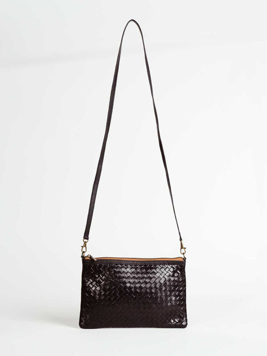 Luxe Woven Black Leather Crossbody Clutch