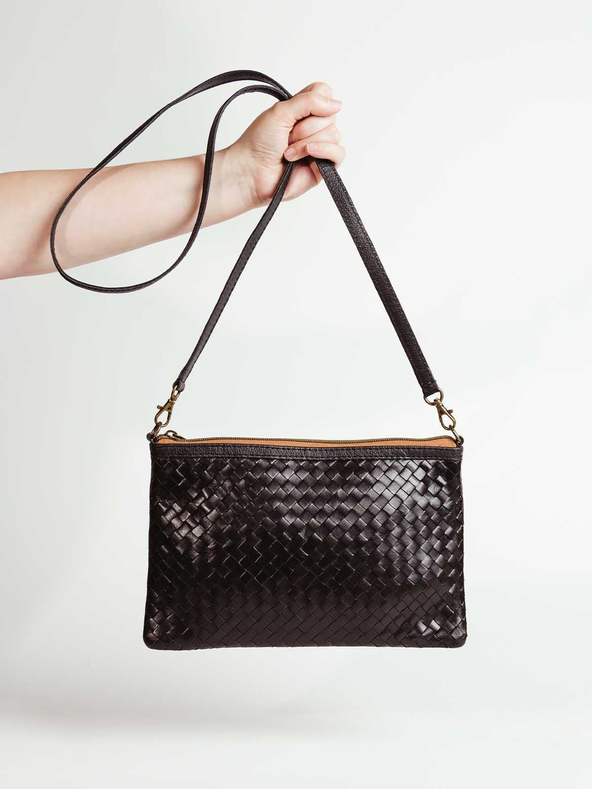 Luxe Woven Black Leather Crossbody Clutch