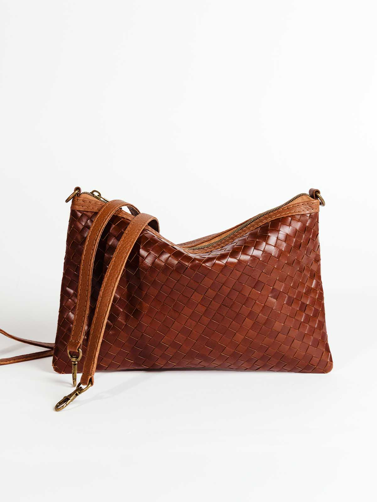 Luxe Woven Brown Leather Crossbody Clutch
