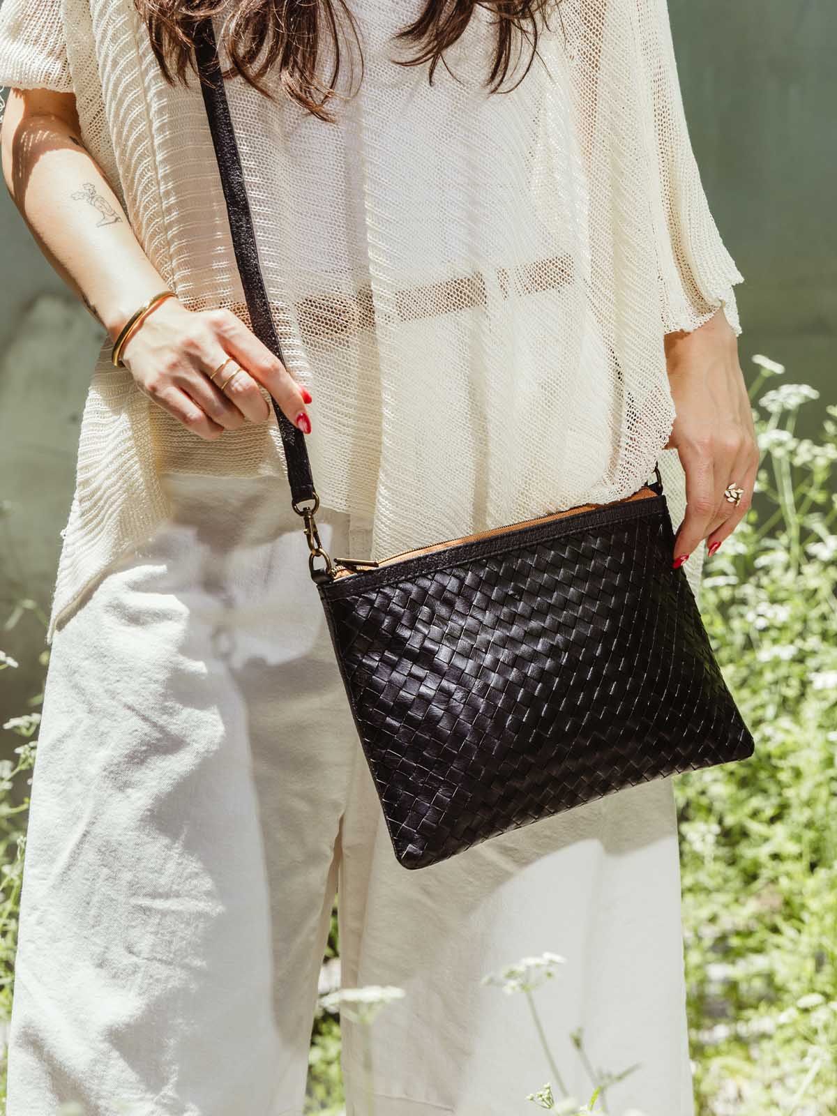 Luxe Woven Black Leather Crossbody Clutch