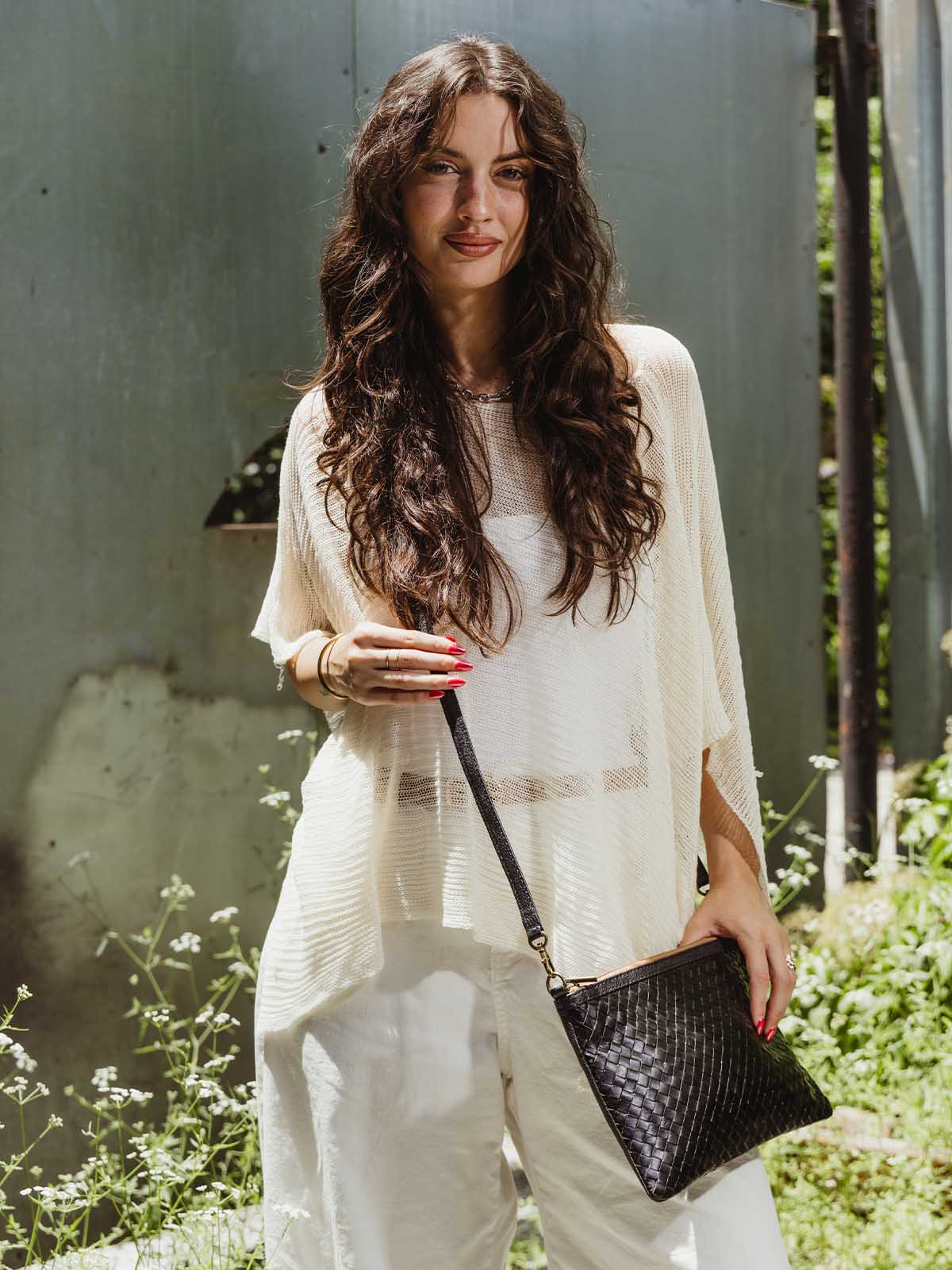 Luxe Woven Black Leather Crossbody Clutch