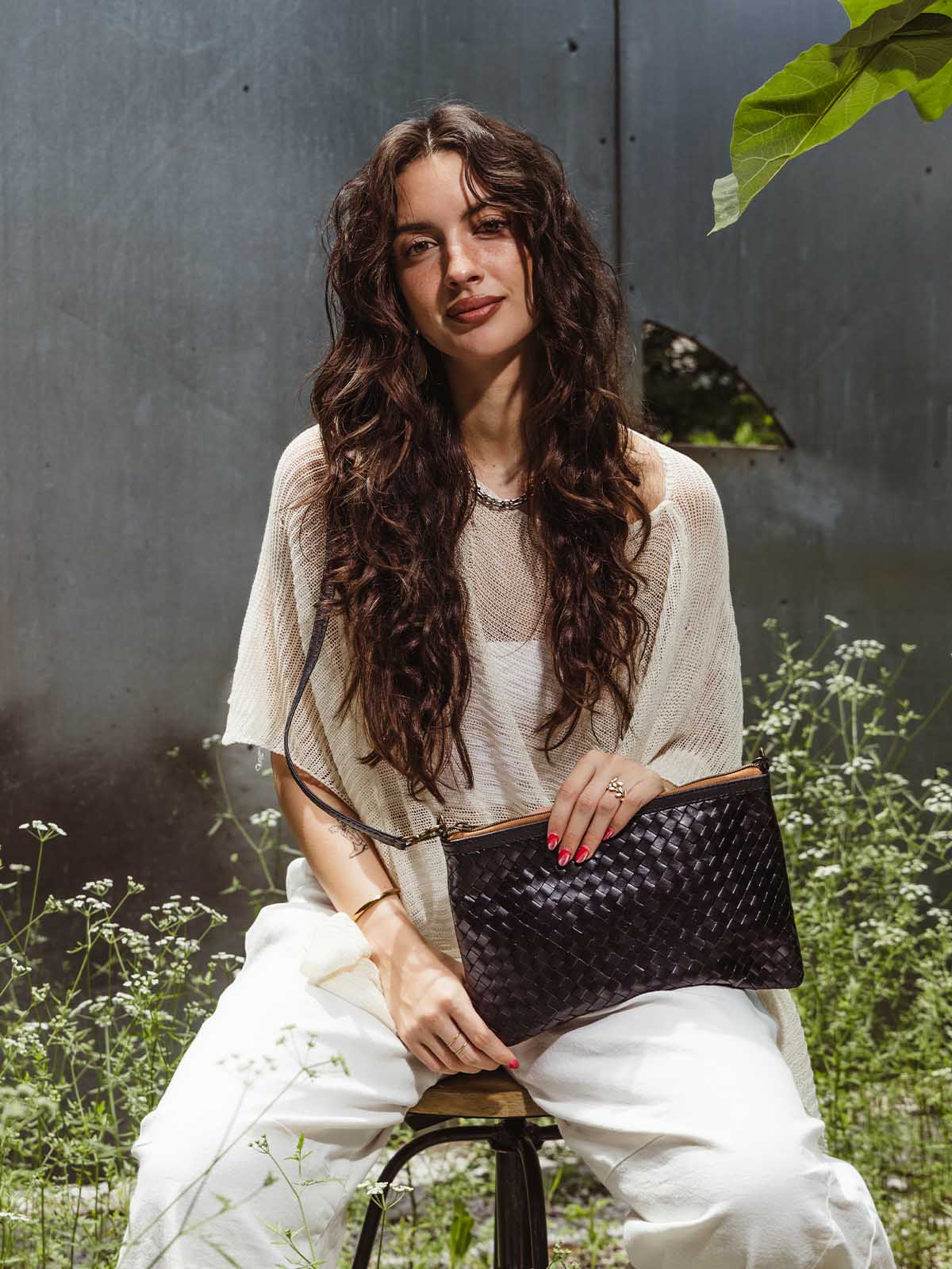 Luxe Woven Black Leather Crossbody Clutch