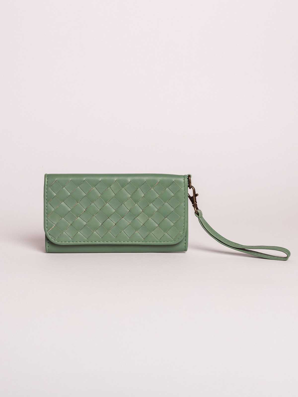 Large Woven Leather Wristlet Wallet- Sage Green