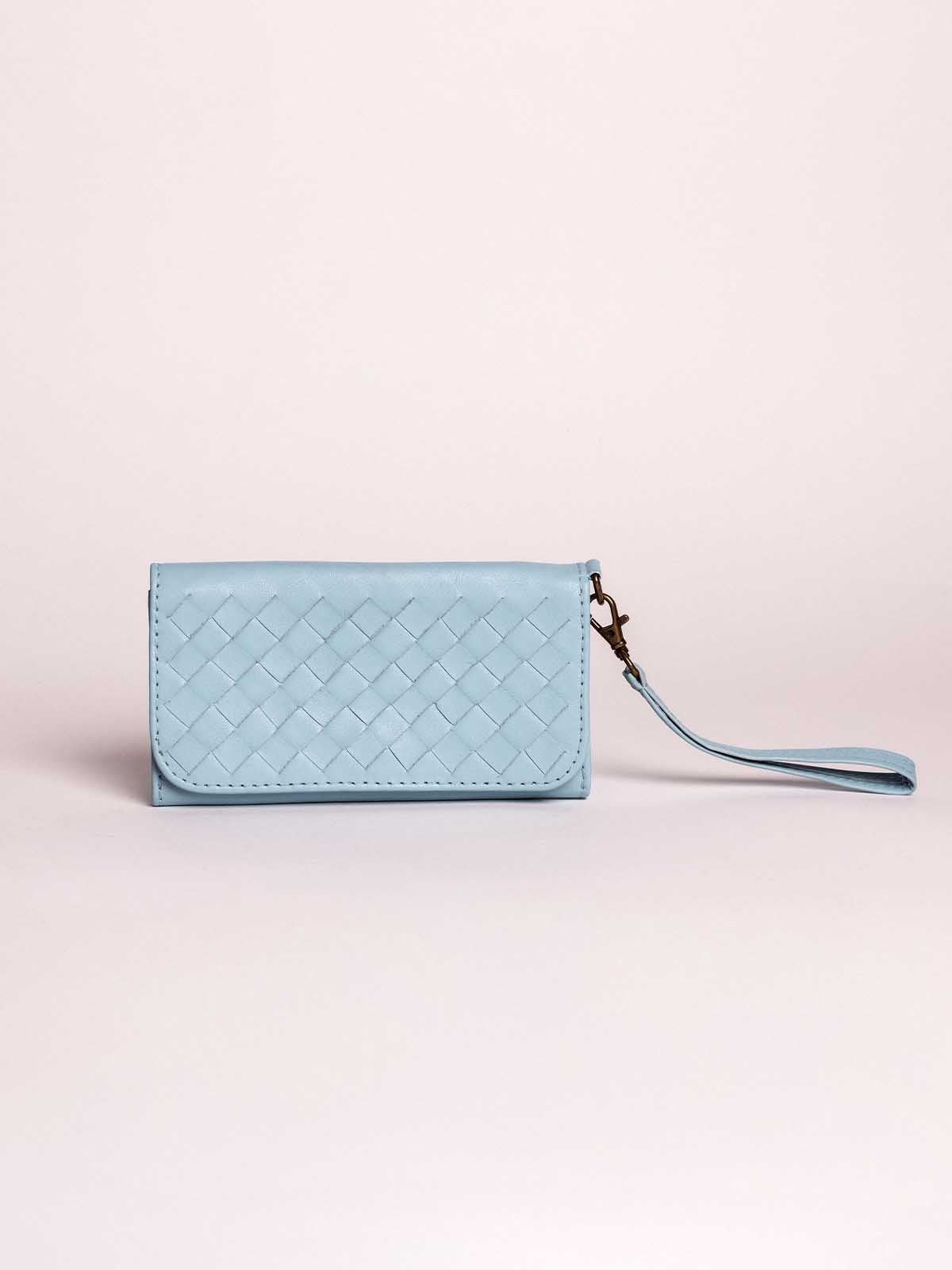 Large Woven Leather Wristlet Wallet- Sky Blue