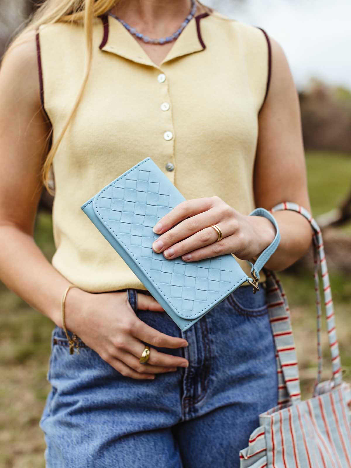Large Woven Leather Wristlet Wallet- Sky Blue