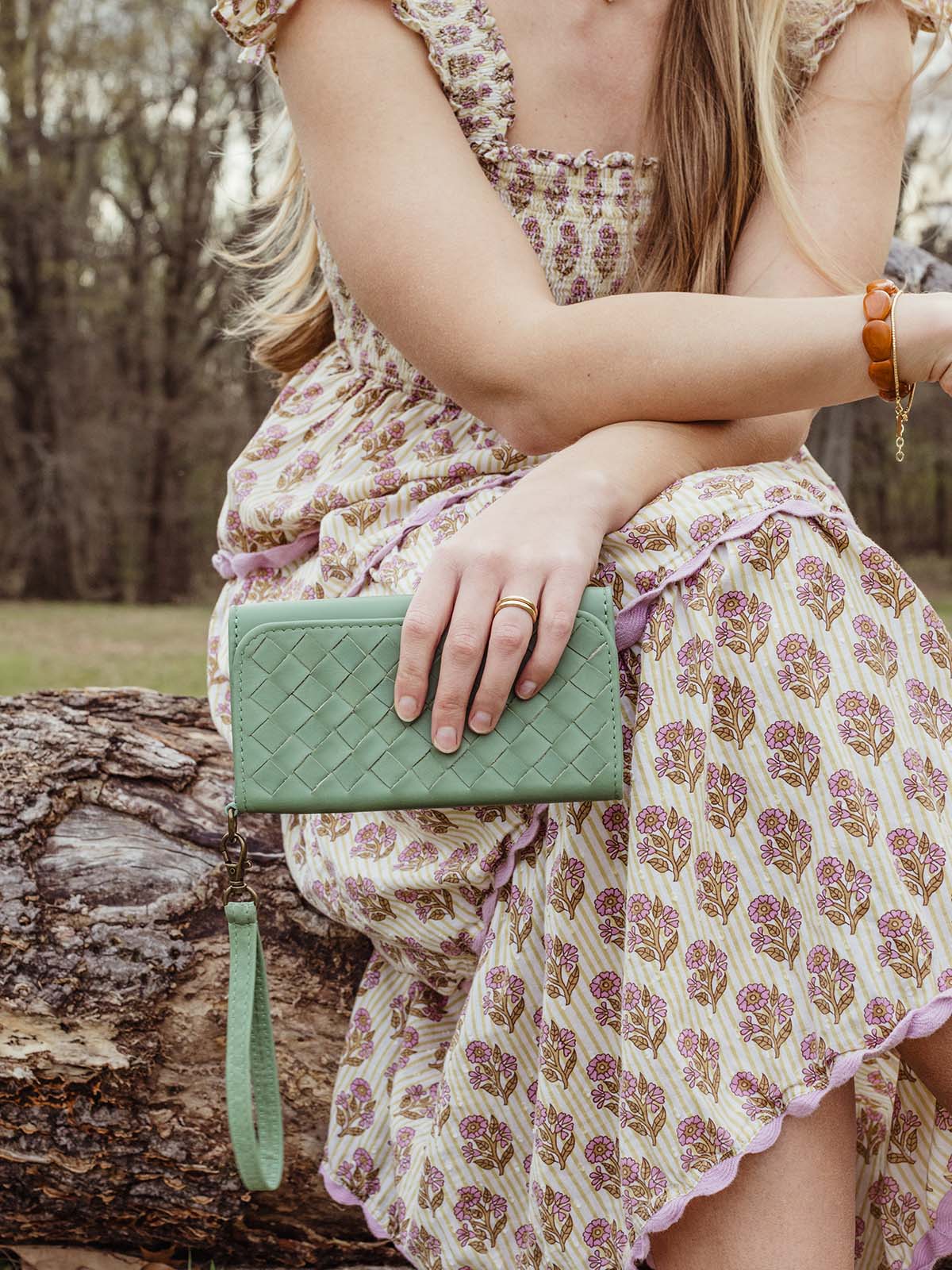 Large Woven Leather Wristlet Wallet- Sage Green