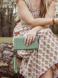 Large Woven Leather Wristlet Wallet- Sage Green