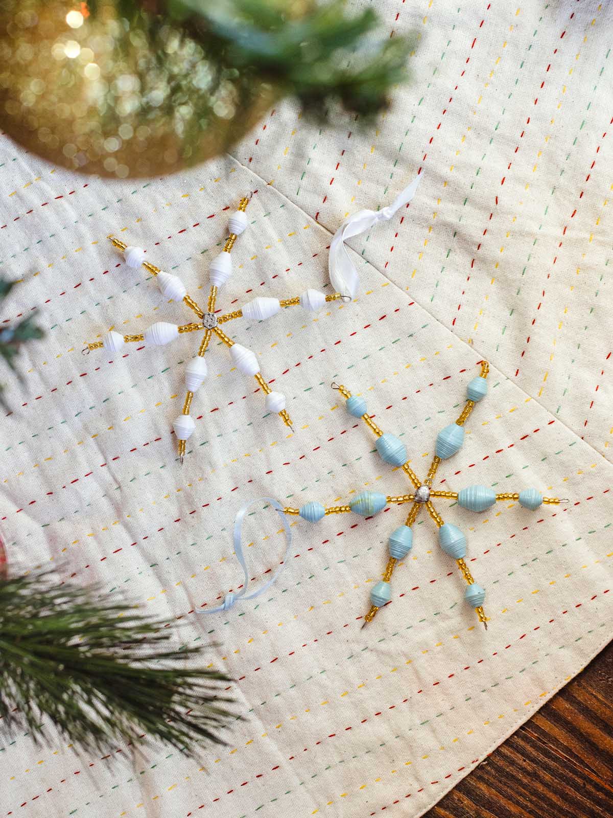 Beaded Snowflake Ornament Set- Blue and White