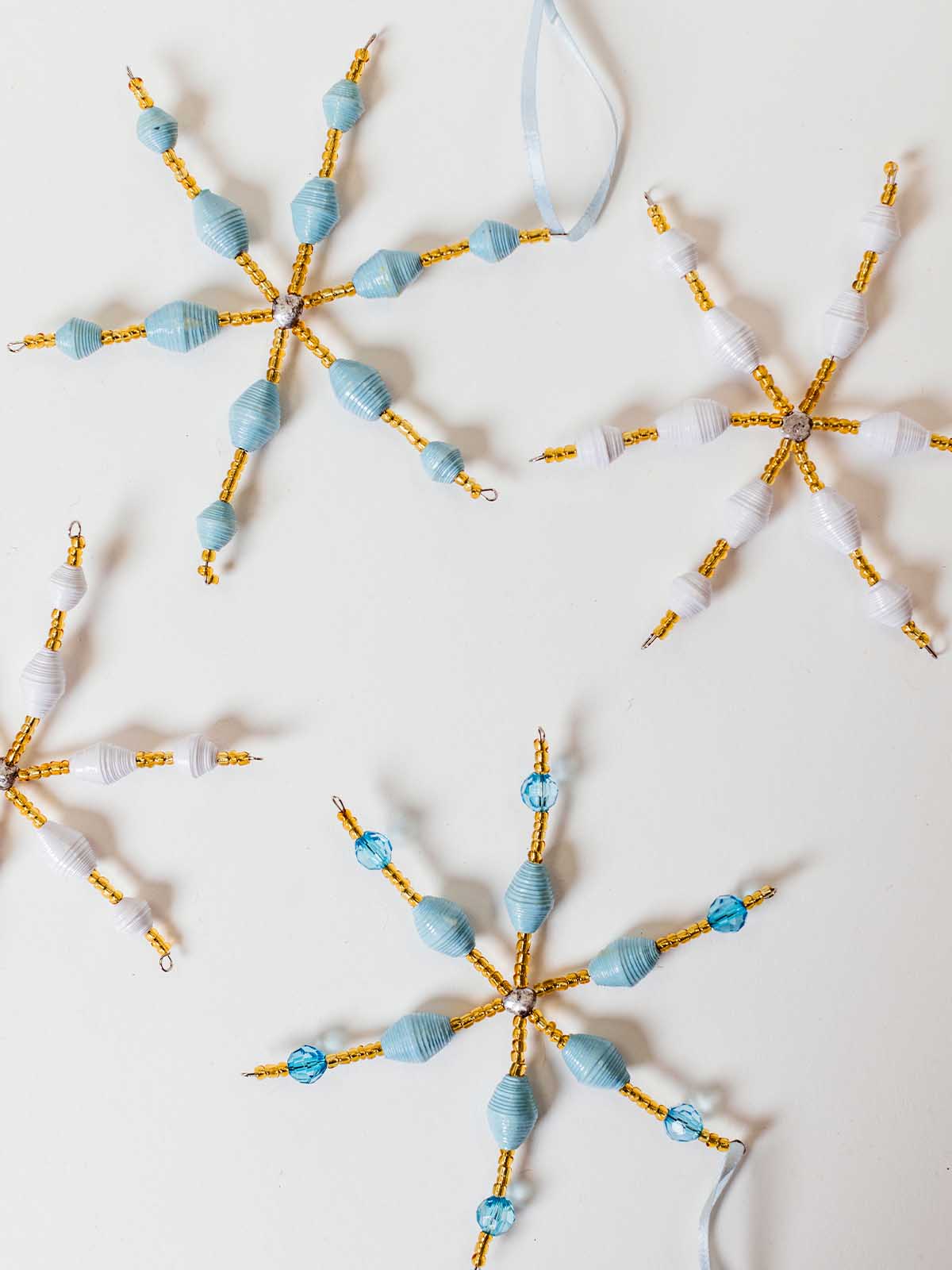 Beaded Snowflake Ornament Set- Blue and White