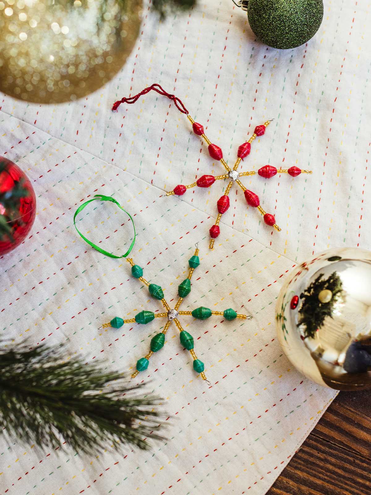 Beaded Snowflake Ornament Set- Red and Green