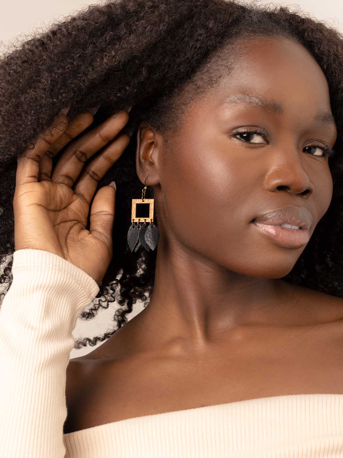 Wood & Black Leather Feather Earrings