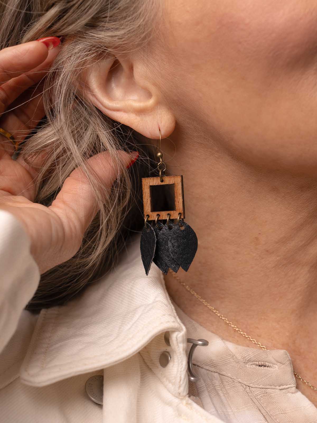 Wood & Black Leather Feather Earrings