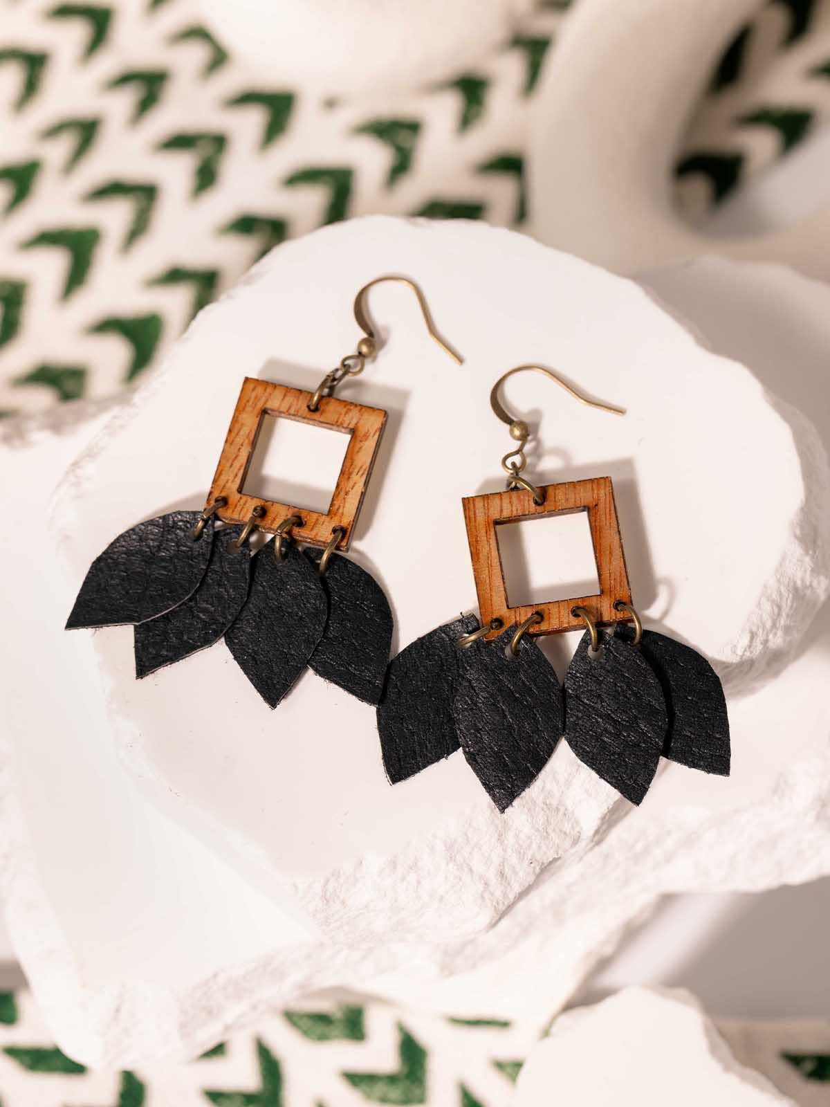 Wood & Black Leather Feather Earrings