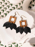 Wood & Black Leather Feather Earrings