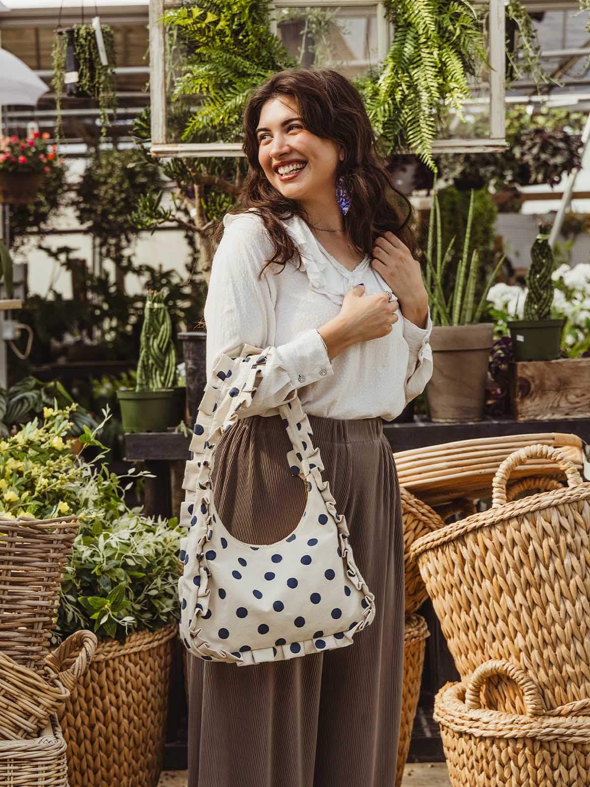 Momo Ruffle Canvas Shoulder Bag-Indigo Dot