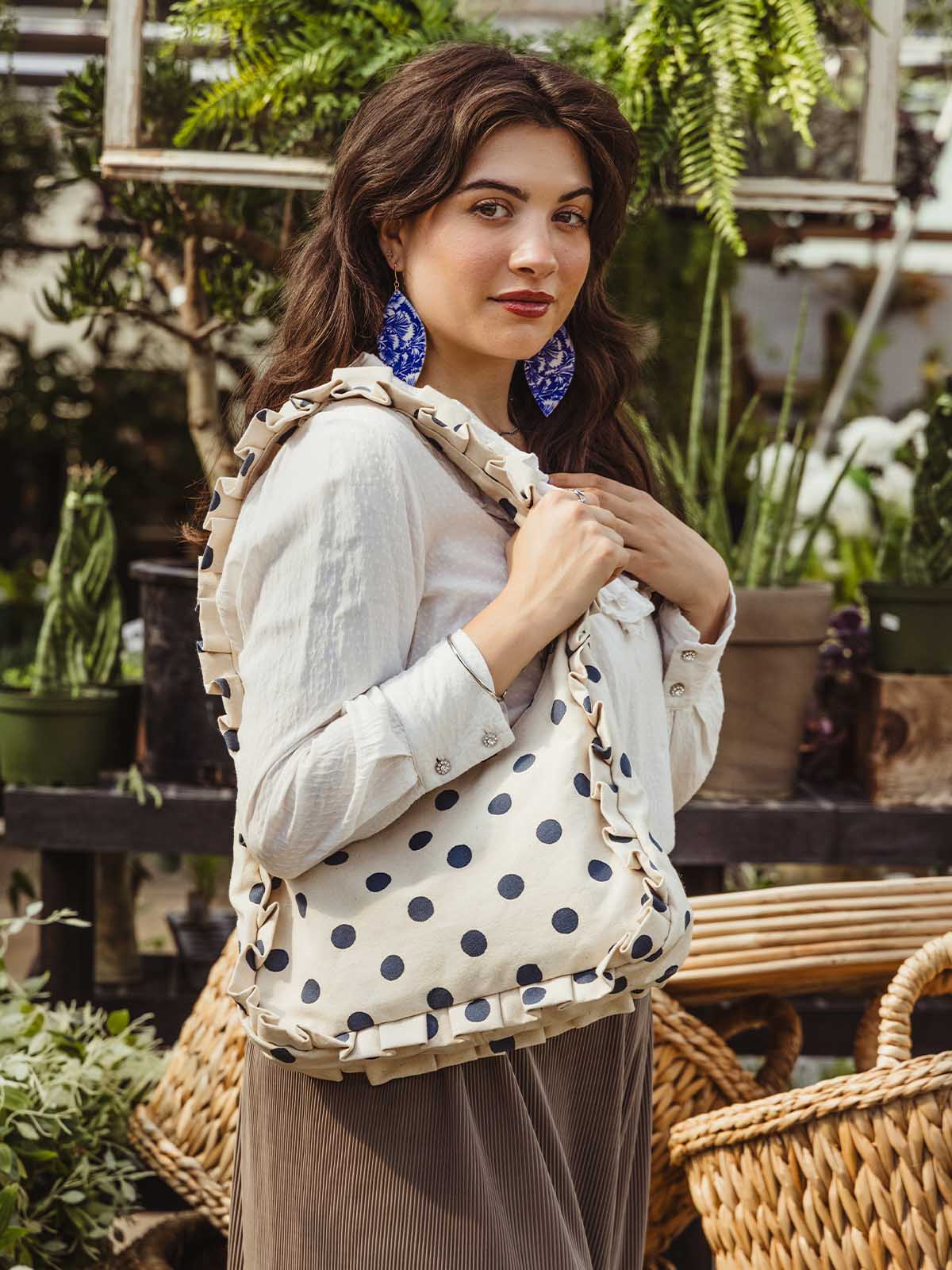 Momo Ruffle Canvas Shoulder Bag-Indigo Dot