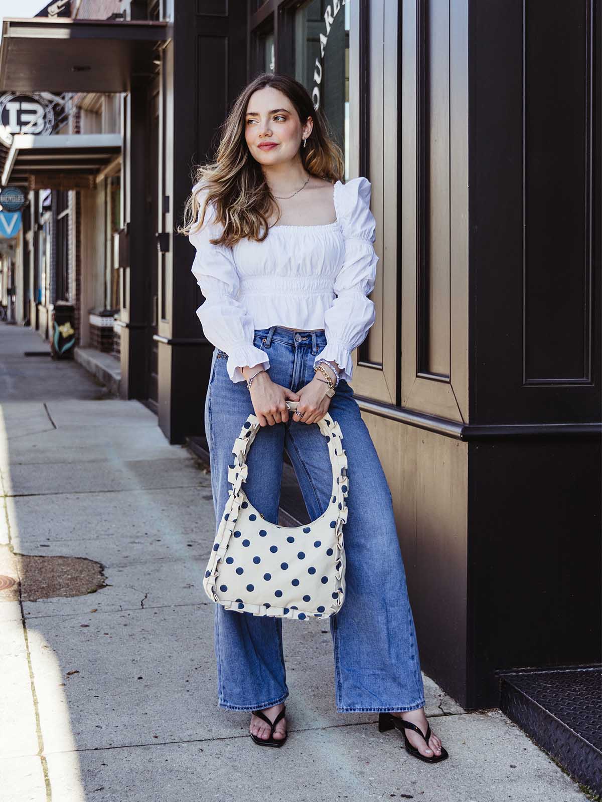 Momo Ruffle Canvas Shoulder Bag-Indigo Dot